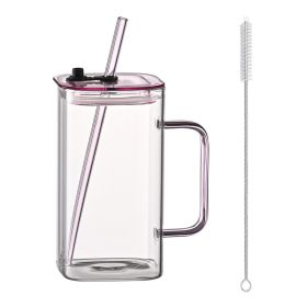 1 Pcs Pink Glass Straw Cup, 4 Colors Square Glass Cup With Straw And Lid, High Borosilicate Glass Cup, Milk Cup, Juice Cup, Cold Drink Cup, Coffee Cup