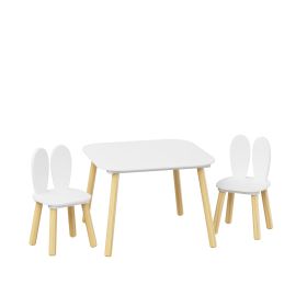 3-Piece Kids Wooden Table and Chair Set, Rabbit Ear Themed Toddler Activity Play Table with 2 Chairs, Solid Wood & MDF Children Furniture for Playroom