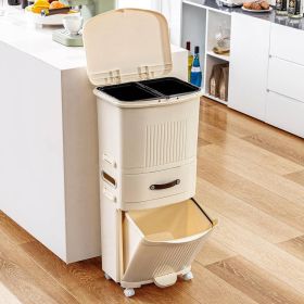 12-Gallon Elevated Trash Can Recycle Bin with Lid on Wheels in Cream
