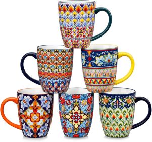 16 oz Coffee Mugs Set of 6, Large Ceramic Mug with Handle, Boho Coffee Cups for Latte, Cappuccino & Hot Chocolate