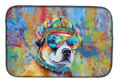 Akita Hippie Dawg Dish Drying Mat Absorbent Dish Drying Mat Pad for Kitchen Counter Dish Drainer Mat for Countertop, 14 x 21", Multicolor