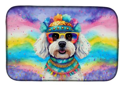 Bichon Frise Hippie Dawg Dish Drying Mat Absorbent Dish Drying Mat Pad for Kitchen Counter Dish Drainer Mat for Countertop, 14 x 21", Multicolor