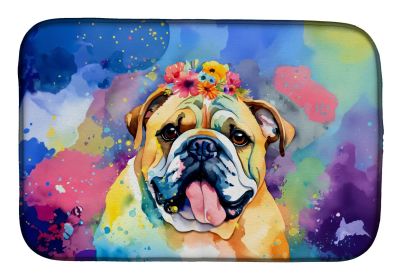 English Bulldog Hippie Dawg Dish Drying Mat Absorbent Dish Drying Mat Pad for Kitchen Counter Dish Drainer Mat for Countertop, 14 x 21", Multicol