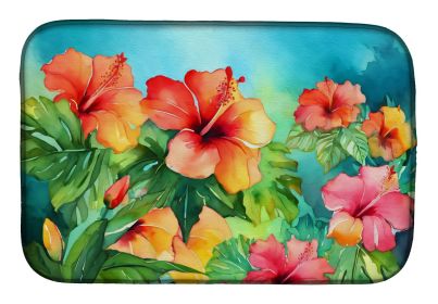 Hawaii Hawaiian Hibiscus in Watercolor Dish Drying Mat Absorbent Dish Drying Mat Pad for Kitchen Counter Dish Drainer Mat for Countertop, 14 x 21