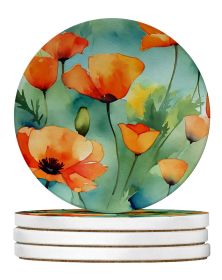 California California Poppies in Watercolor Large Sandstone Coasters Pack of 4 Absorbent Round Coasters Decor Gifts for Men or Women, 4 in, Multi
