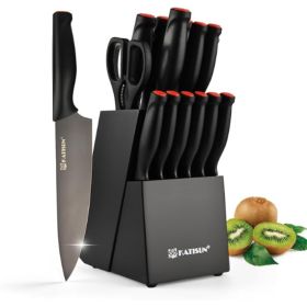 15-Piece Knife Set, High Carbon Stainless Steel Imported From Germany, Beveled Mercerized Blade, Black Titanium Stainless Steel Knives Block Set With