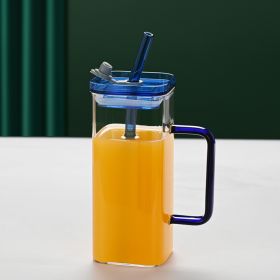 1 Pcs Blue Glass Straw Cup, 6 Colors Square Glass Cup With Straw And Lid, High Borosilicate Glass Cup, Milk Cup, Juice Cup, Cold Drink Cup, Coffee Cup (Option: Blue)