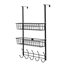 Over The Door Hooks Organizer Door Towel Rack Hanger 5 Hooks with 2 Metal Baskets for Kitchen Storage Shelf (Option: Black)