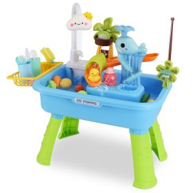 3 In 1 Kitchen Sink Toy with Electric Faucet Water Table Fishing Game Role Play Sink Set Indoor Outdoor for Kids Aged 3+ Years Old (Option: Blue)
